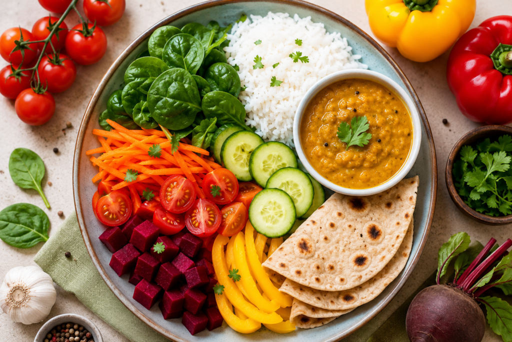 A colourful healthy meal with fresh vegetables including tomatoes, spinach, carrots, cucumber, beetroot, and capsicum served alongside curry and rice.