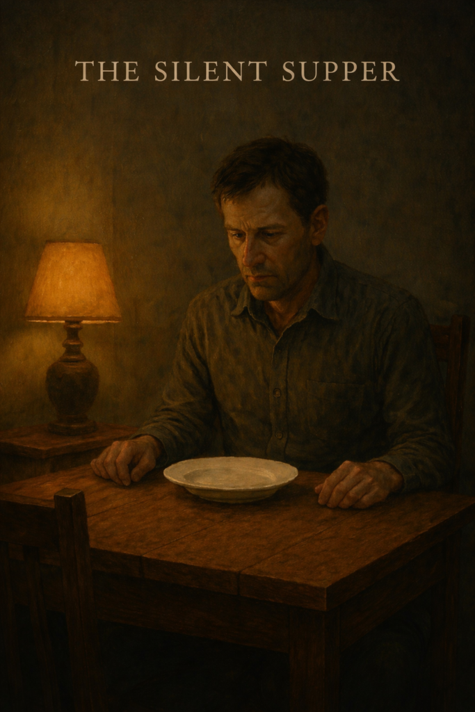 A lone man eating dinner as his mysterious double watches from across the table in The Silent Supper.
