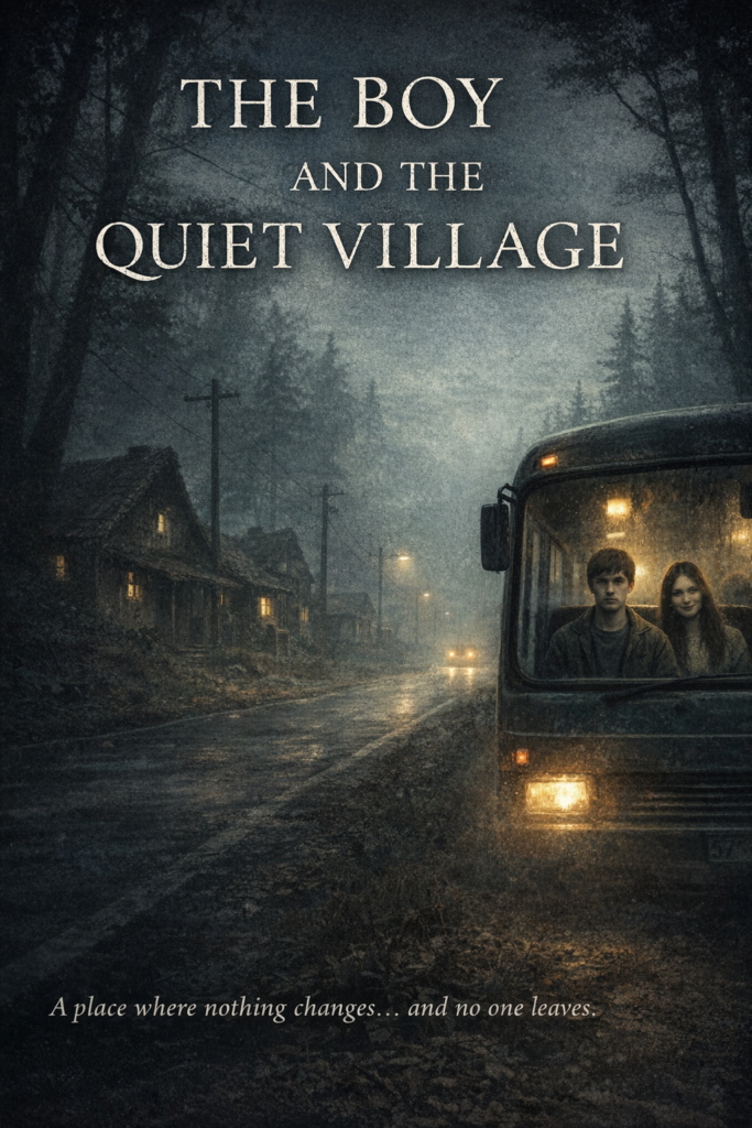 A lonely man standing before a mysterious fog-covered village hidden deep inside a dark forest.